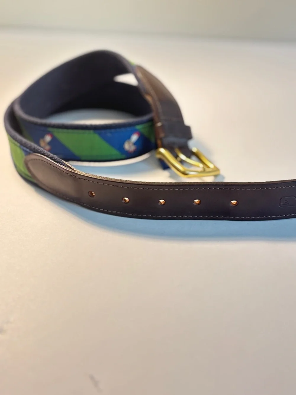 Vineyard Vines Blue Green Canvas Leather Belt Size 34 Whale Embroidered Preppy